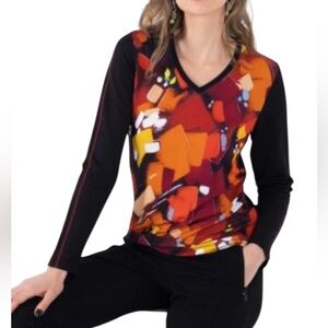 Simply Art by Dolcezza Insolite Artsy Long Sleeve V Neck Top XL Black Red